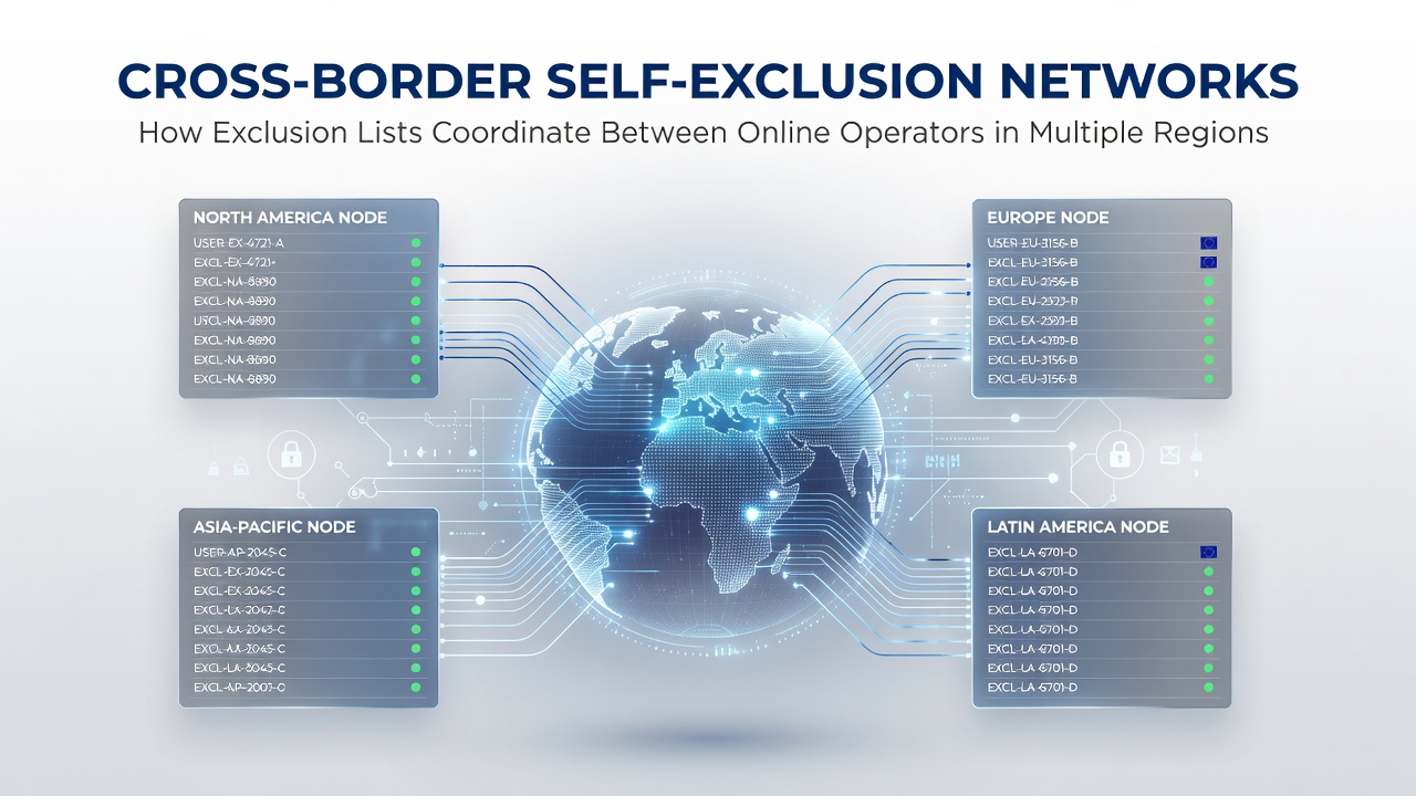 Illustration showing data flows between online gambling operators across international borders for self-exclusion lists