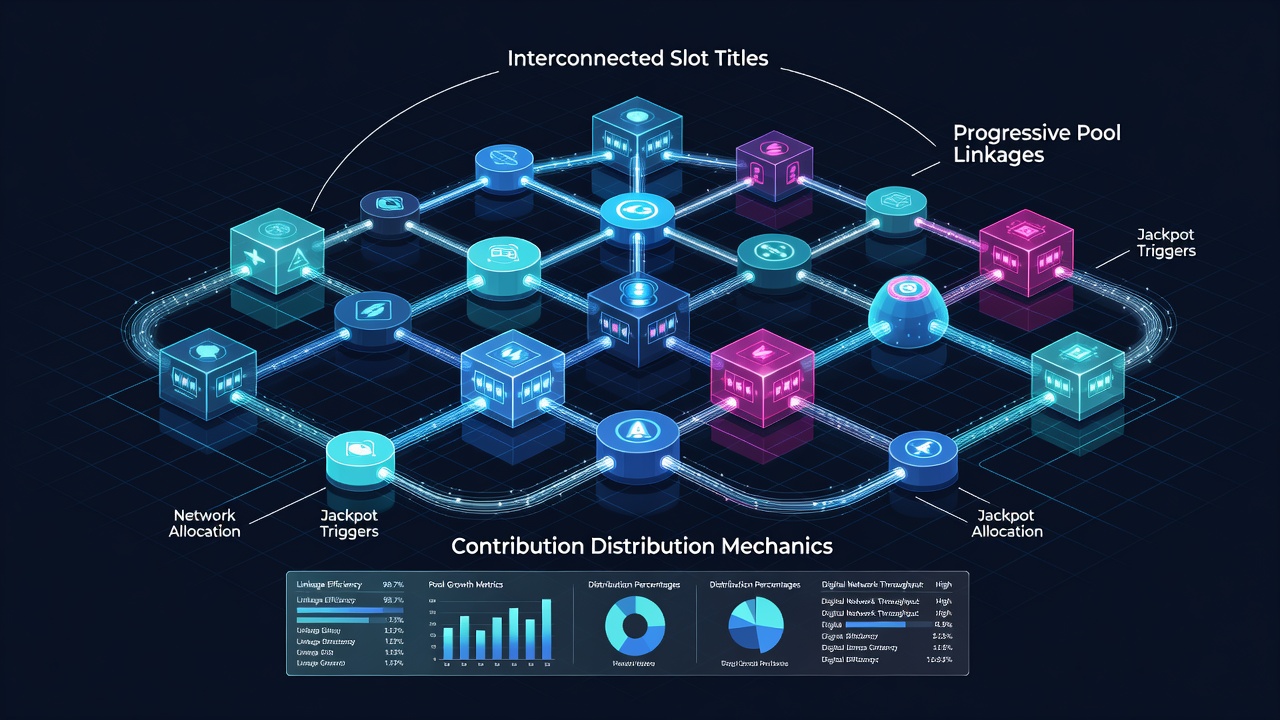 Network diagram showing interconnected slot titles feeding into shared progressive jackpot pools with contribution arrows and distribution paths