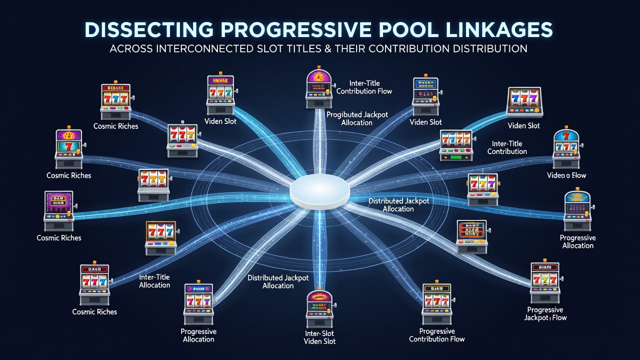 Flowchart illustrating contribution percentages moving from individual slot games into tiered progressive pools and eventual jackpot distribution to winners