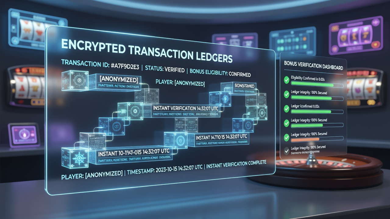 Flow diagram of zero-knowledge proof process confirming bonus eligibility on encrypted casino ledger
