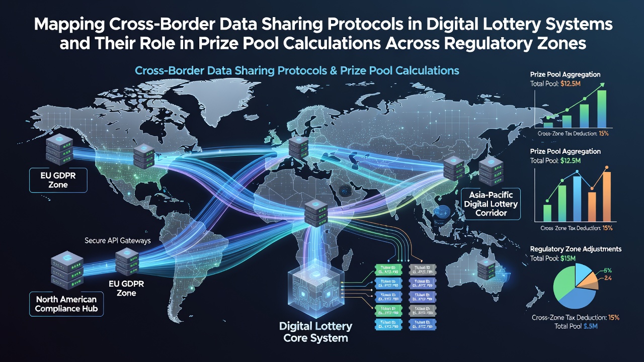 Digital lottery systems interface showing cross-border data exchange maps and prize pool dashboards