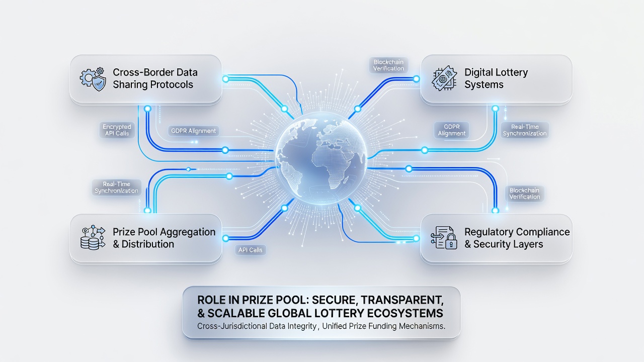 Network diagram illustrating data flows between lottery regulators and central prize calculation servers
