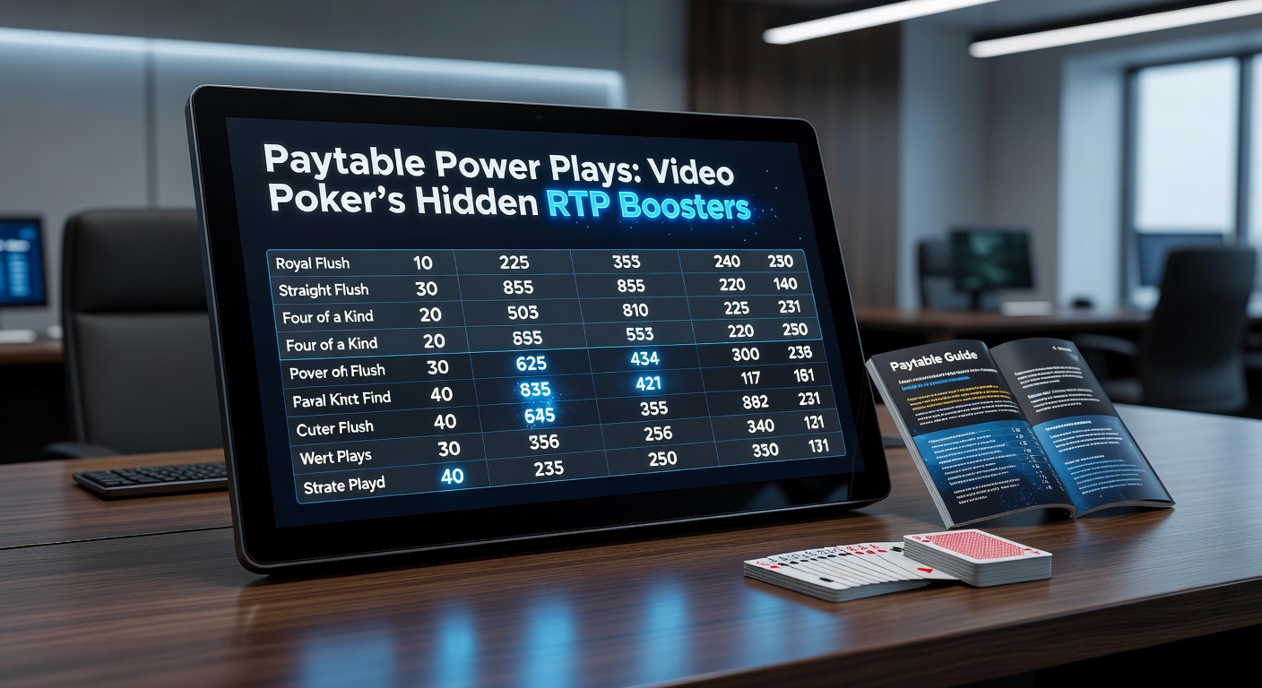 Player at a casino bar analyzing a video poker paytable on a machine screen, highlighting high-payout hands