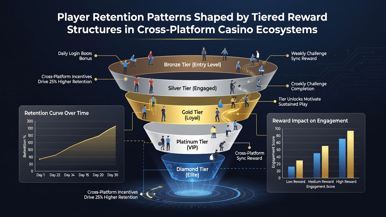 Analytics dashboard displaying player retention curves segmented by loyalty tier levels across multiple casino platforms