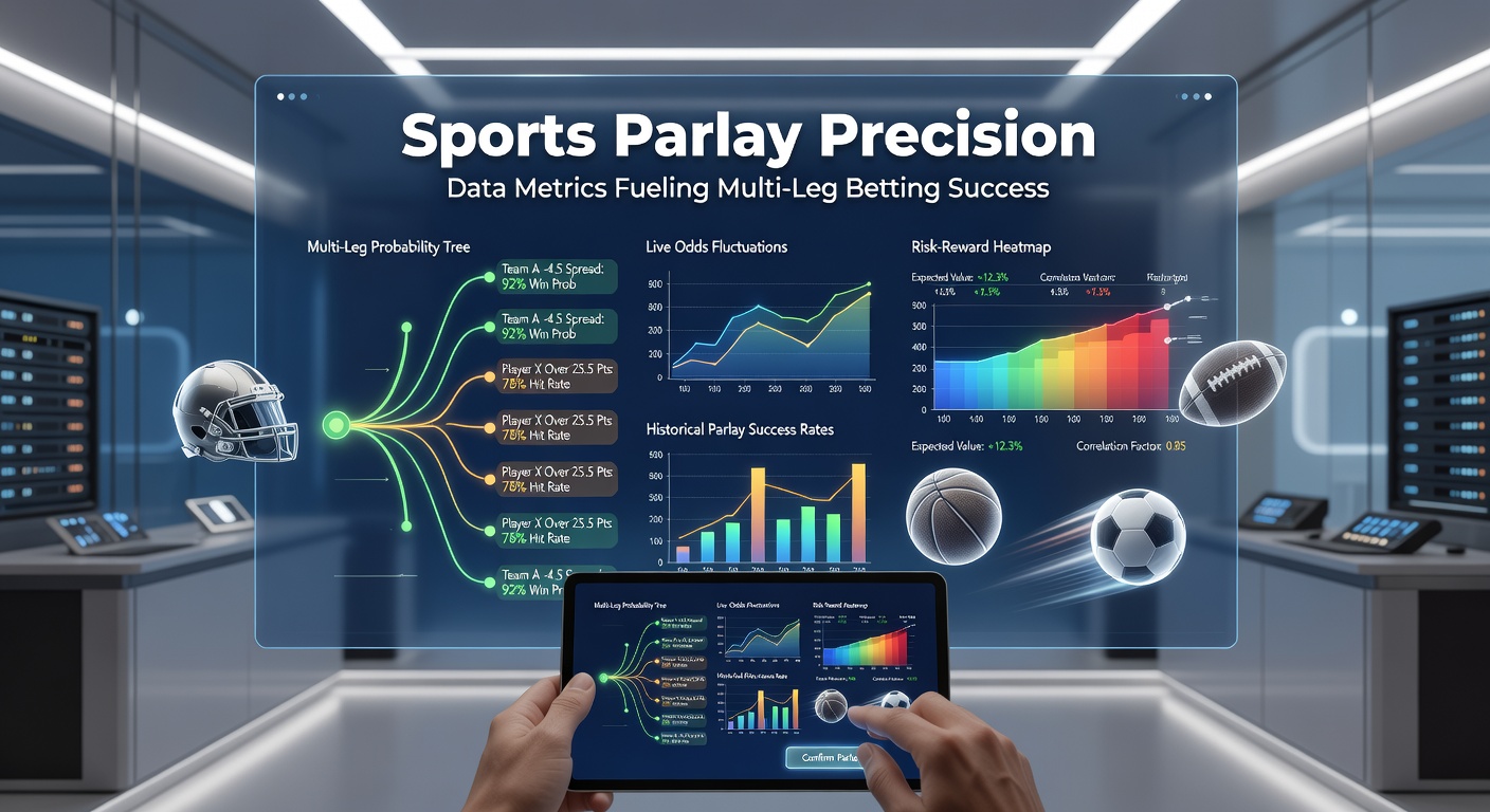 Dynamic graphic illustrating a multi-leg sports parlay with overlaid data metrics like player stats, team trends, and probability charts