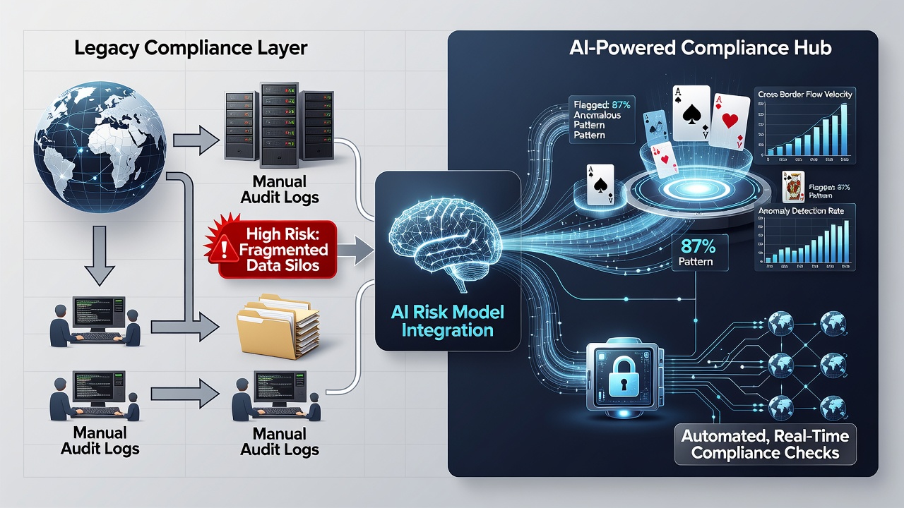 Compliance dashboard displaying AI risk scores for poker hand data moving between international servers